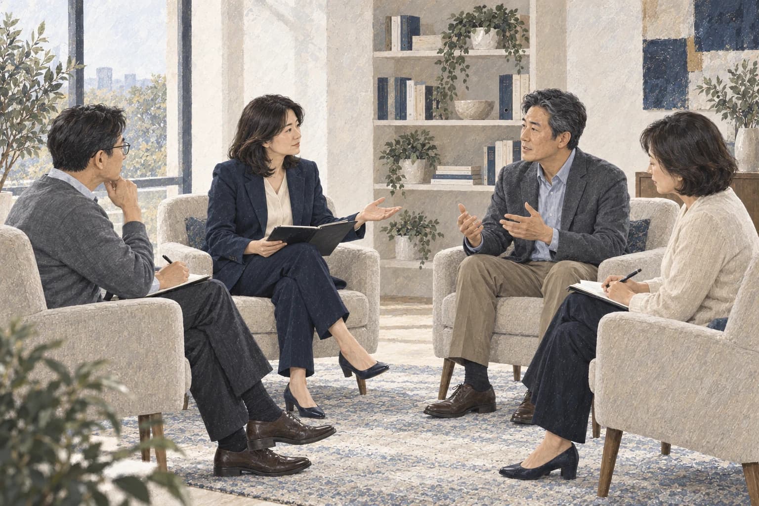 코치의 진행으로 서로의 생각을 듣고 숙의하는 공동체 리더들 — 리더십 코칭 일러스트