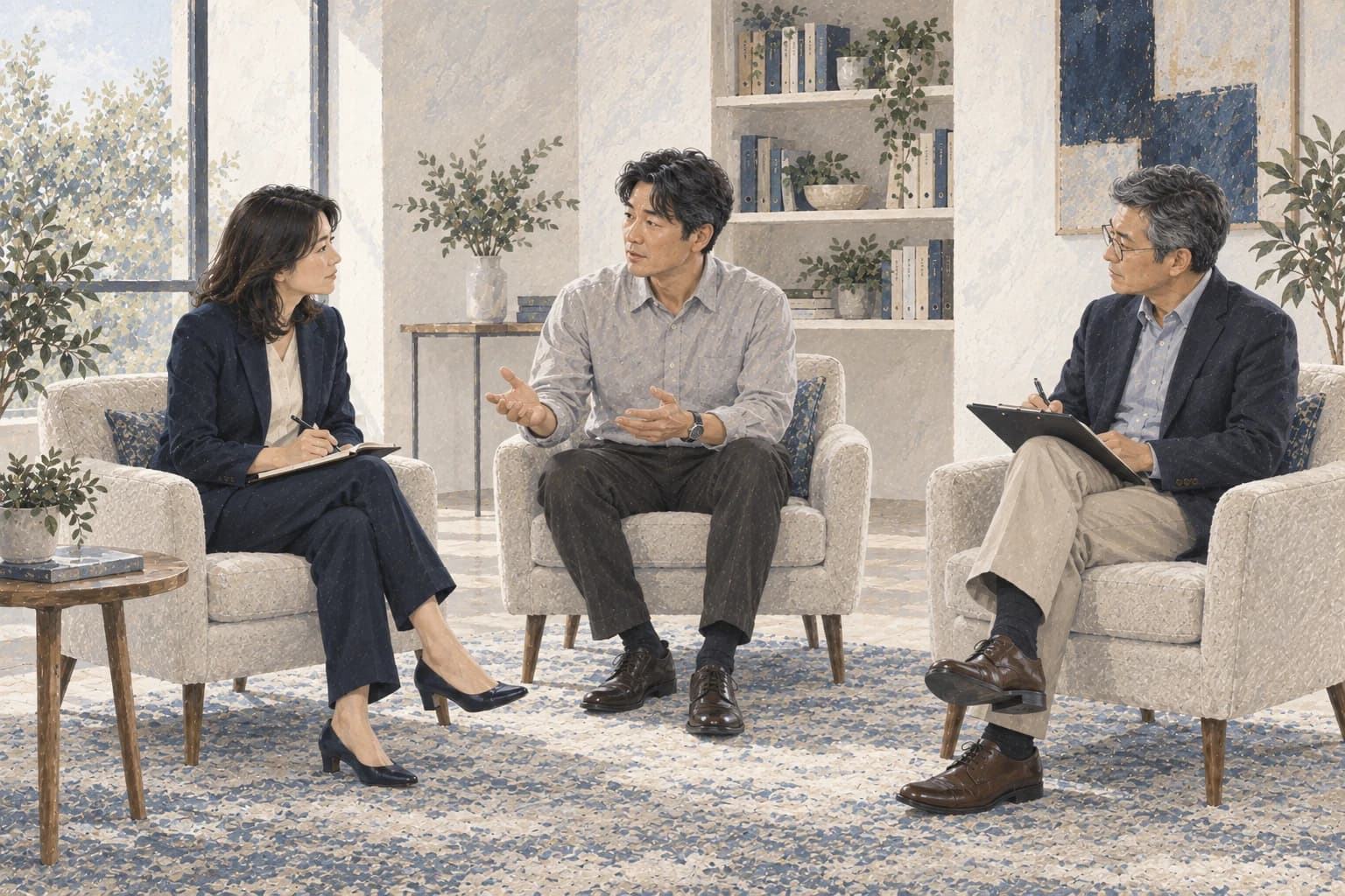 코치와 코치이의 대화를 관찰하고 피드백을 기록하는 튜터 — 기초 코칭 실습 일러스트